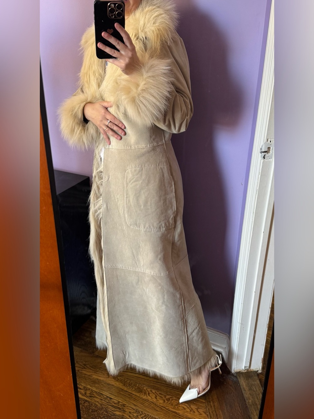Ivory sheepskin shearling fur coat leather faux fur trim size small - Picture 10 of 16
